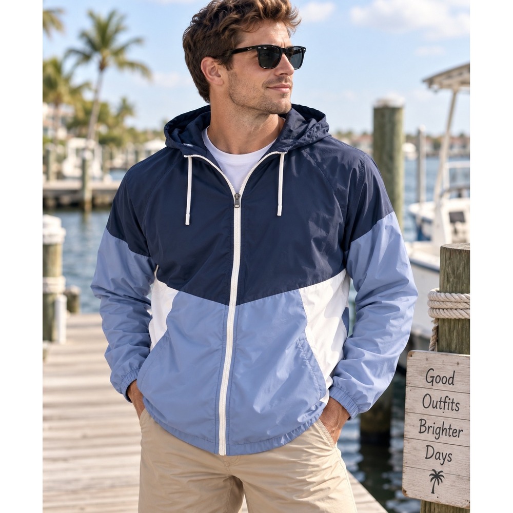 Athletic Works Men's Small Windbreaker Jacket Blue White Colorblock Hooded